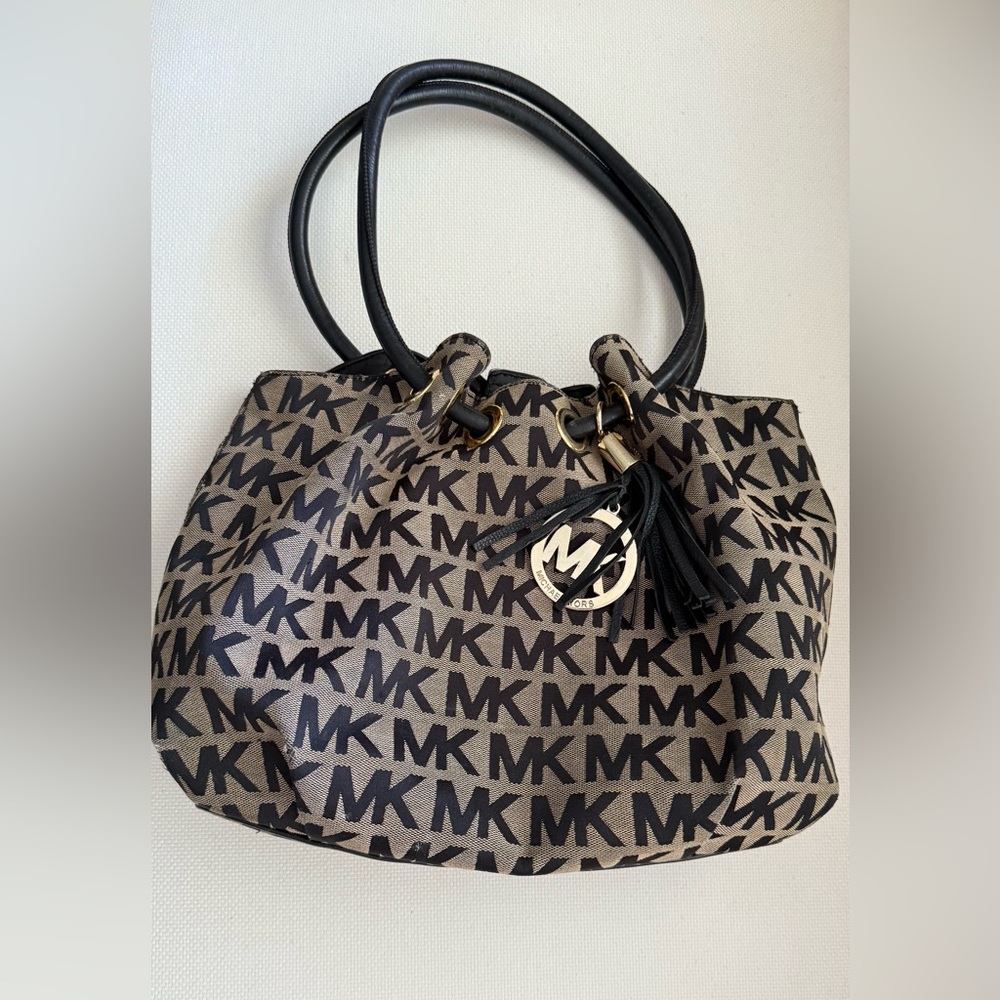 Michael Kors Black and Tan Shoulder Bag with Gold Accents